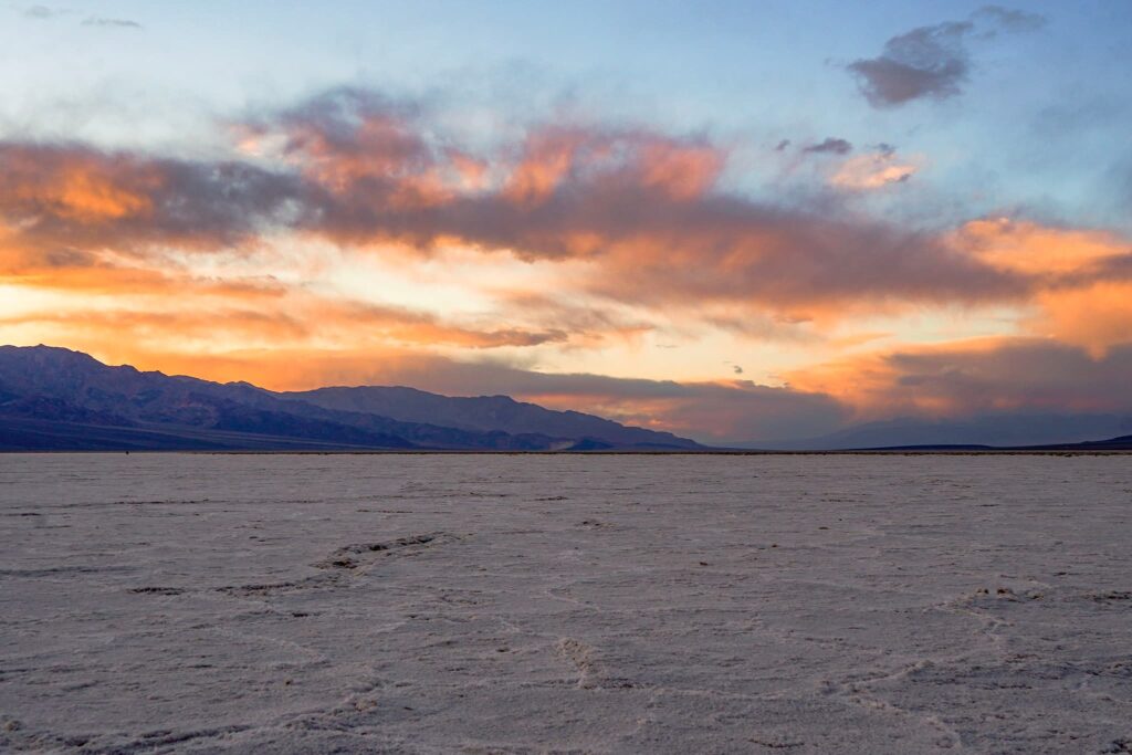 Sunset at Badwater Basin in Death Valley National Park.