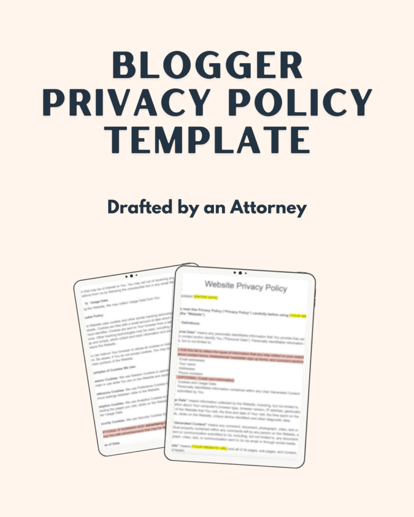 Blogger privacy policy template with mock up of the contract template.